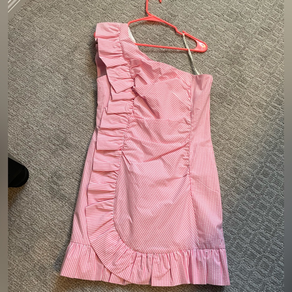 Lilly Pulitzer Pink Seersucker Tiffani One Shoulder Dress
